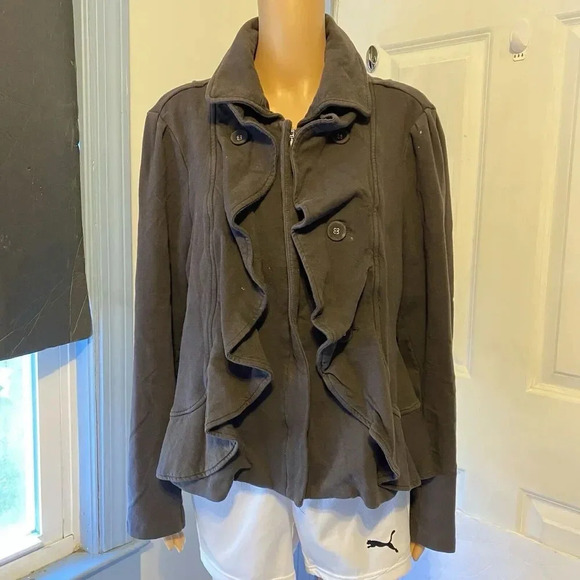 Y2K Ruffle Front Peplum Jacket Gray Whimsigoth Goth Lady Sz XL Full Zip Button - Picture 1 of 11